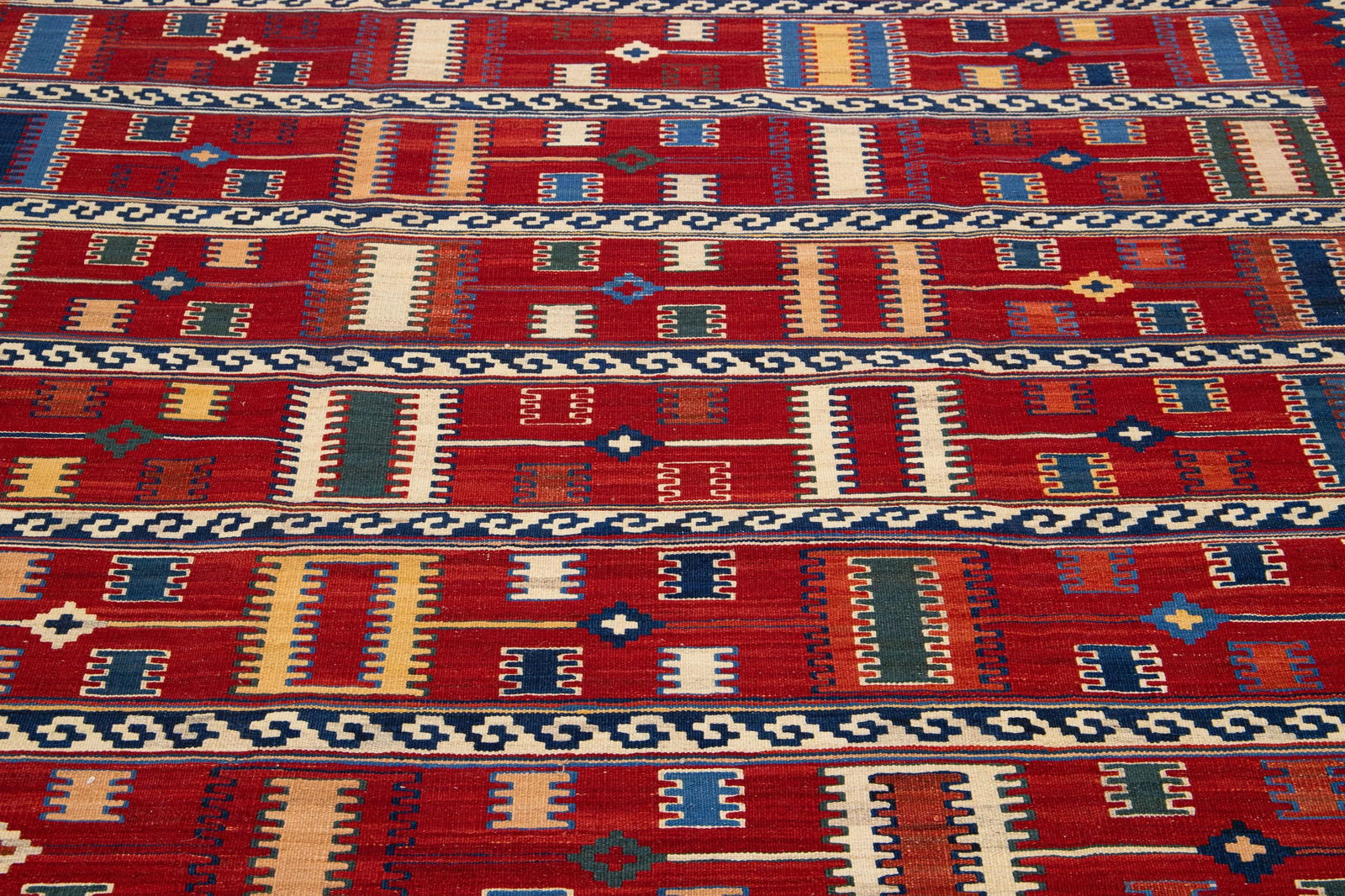 1960s Vintage Kilim Handmade Red Geometric Wool Rug - 2