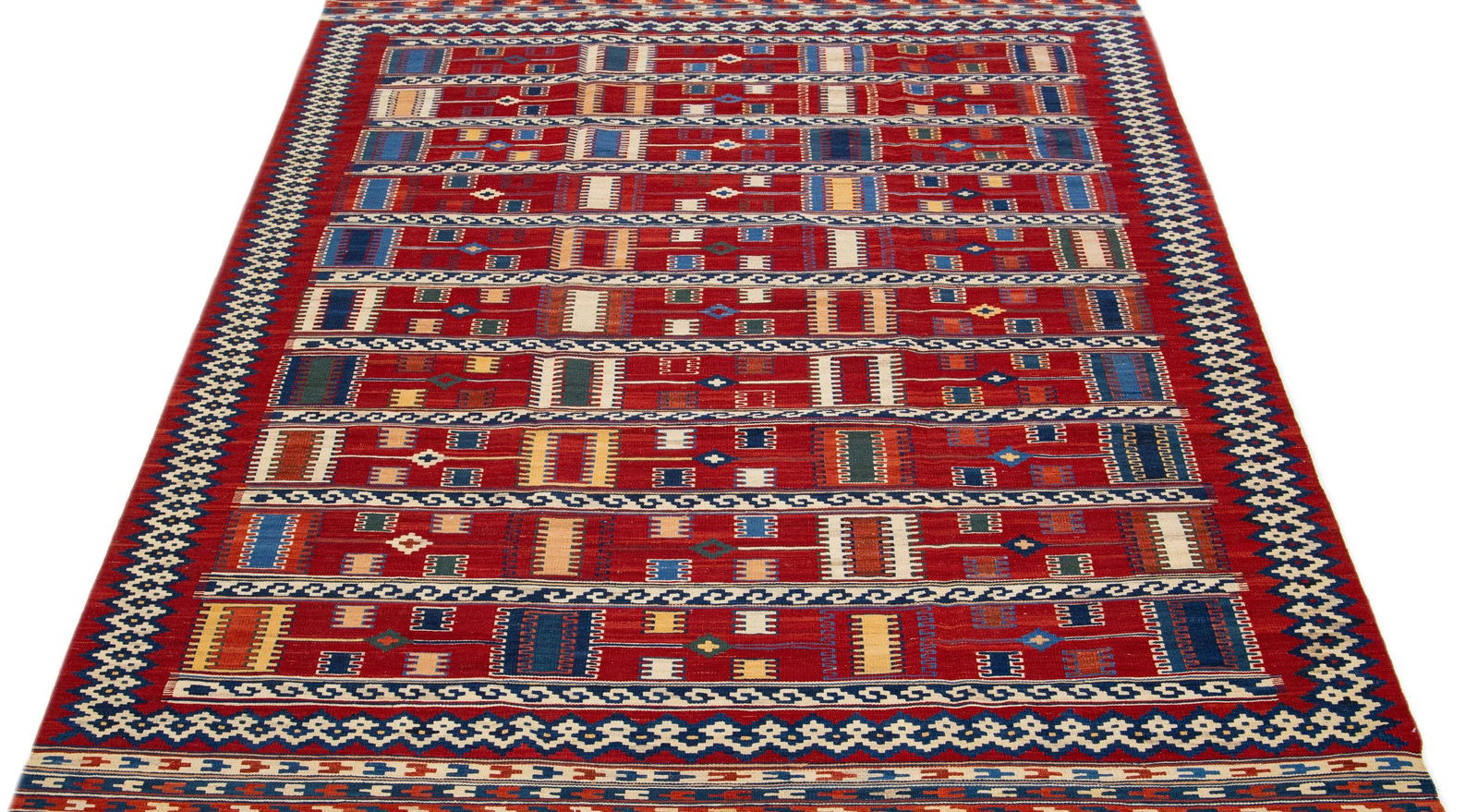 1960s Vintage Kilim Handmade Red Geometric Wool Rug - 3