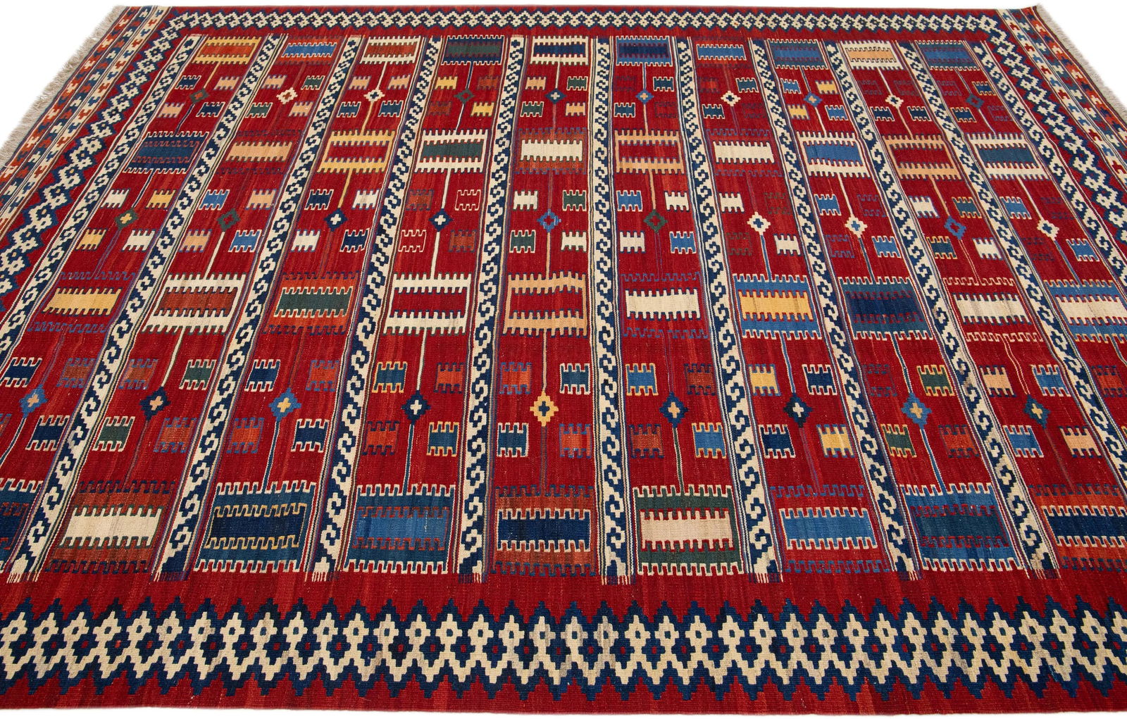 1960s Vintage Kilim Handmade Red Geometric Wool Rug - 5