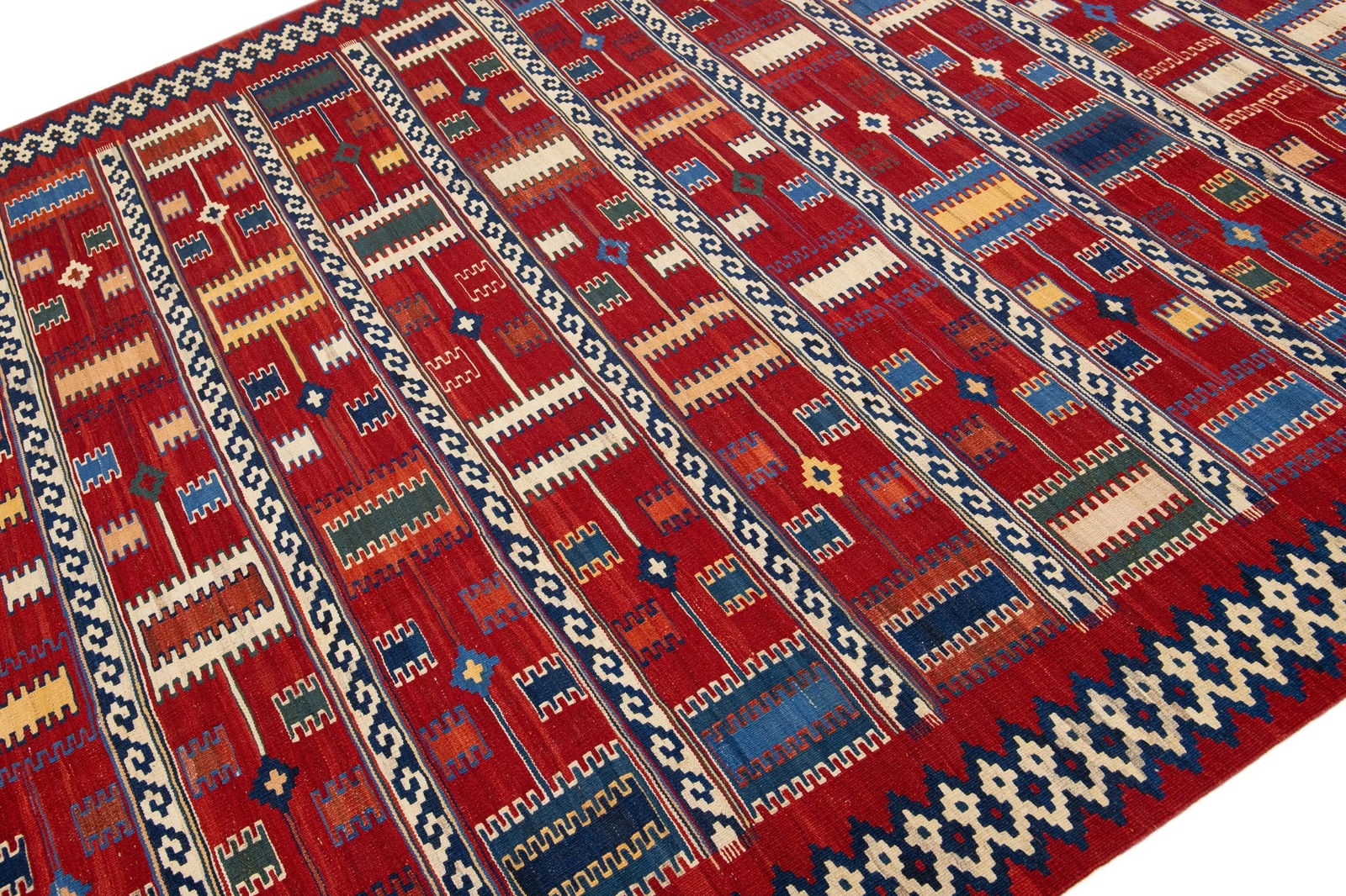 1960s Vintage Kilim Handmade Red Geometric Wool Rug - 6