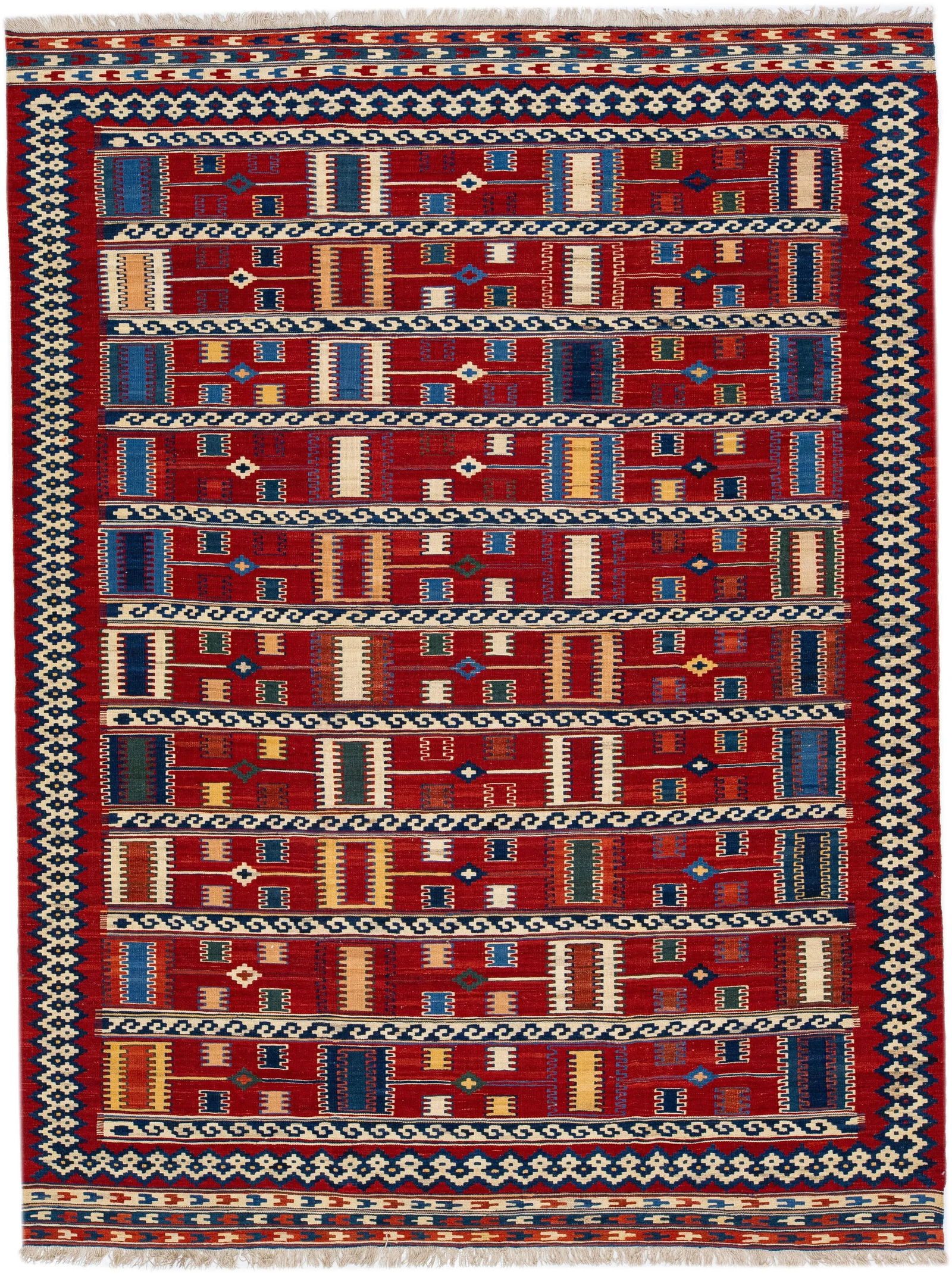 1960s Vintage Kilim Handmade Red Geometric Wool Rug - 7