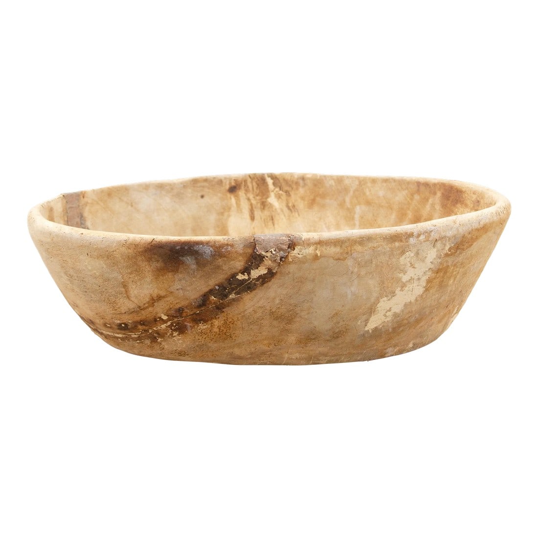 Antique French Bleached Wood Bowl: This wonderfully large French antique rustic bowl was originally used to prepare dough and has been used for many many years which gives it an aged but interesting look. This rare oversize wooden