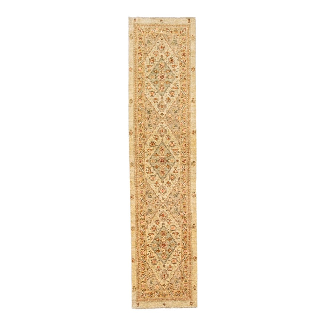 Early 21st Century Contemporary Indian Handmade Beige Floral Wool Runner: This contemporary hand-knotted wool runner from India is exquisitely designed with a beige field, adorned with a delightful medallion floral pattern in shades of red, tan, and green. This rug
