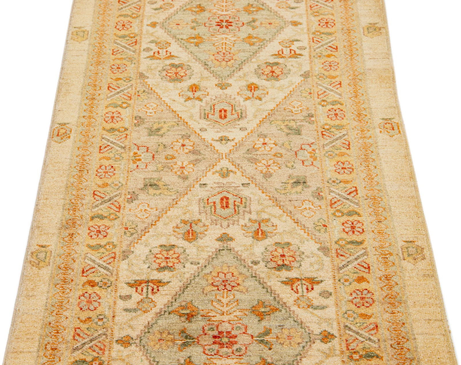 Early 21st Century Contemporary Indian Handmade Beige Floral Wool Runner - 2