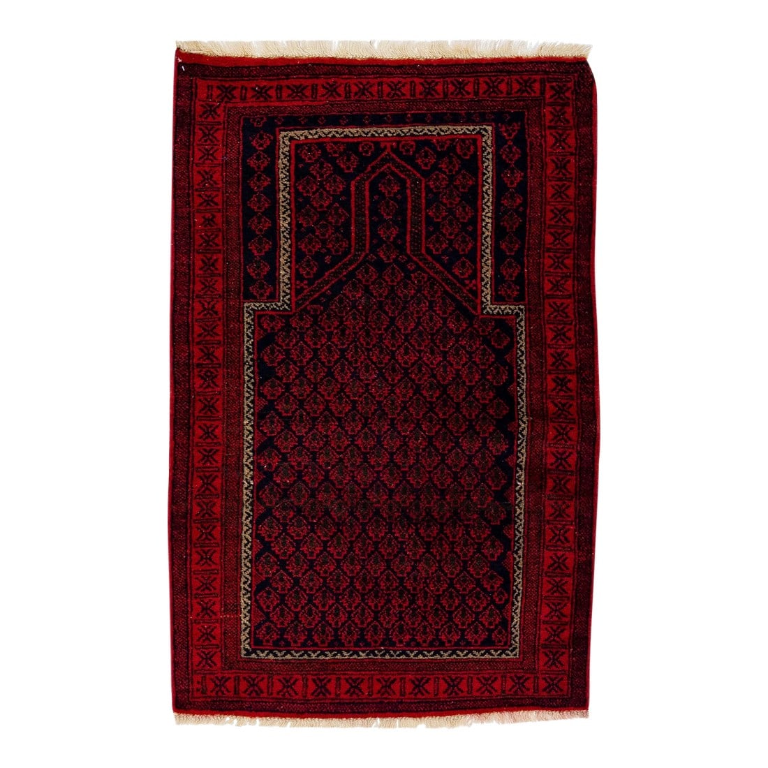 1960s Vintage Persian Balouch Handmade Red Medallion Wool Rug: A beautiful Vintage Persian Balouch hand-knotted wool rug with a red field and multicolor accents in an all-over geometric medallion design. This Rug measures: 2'11" x 4'6". Condition:
