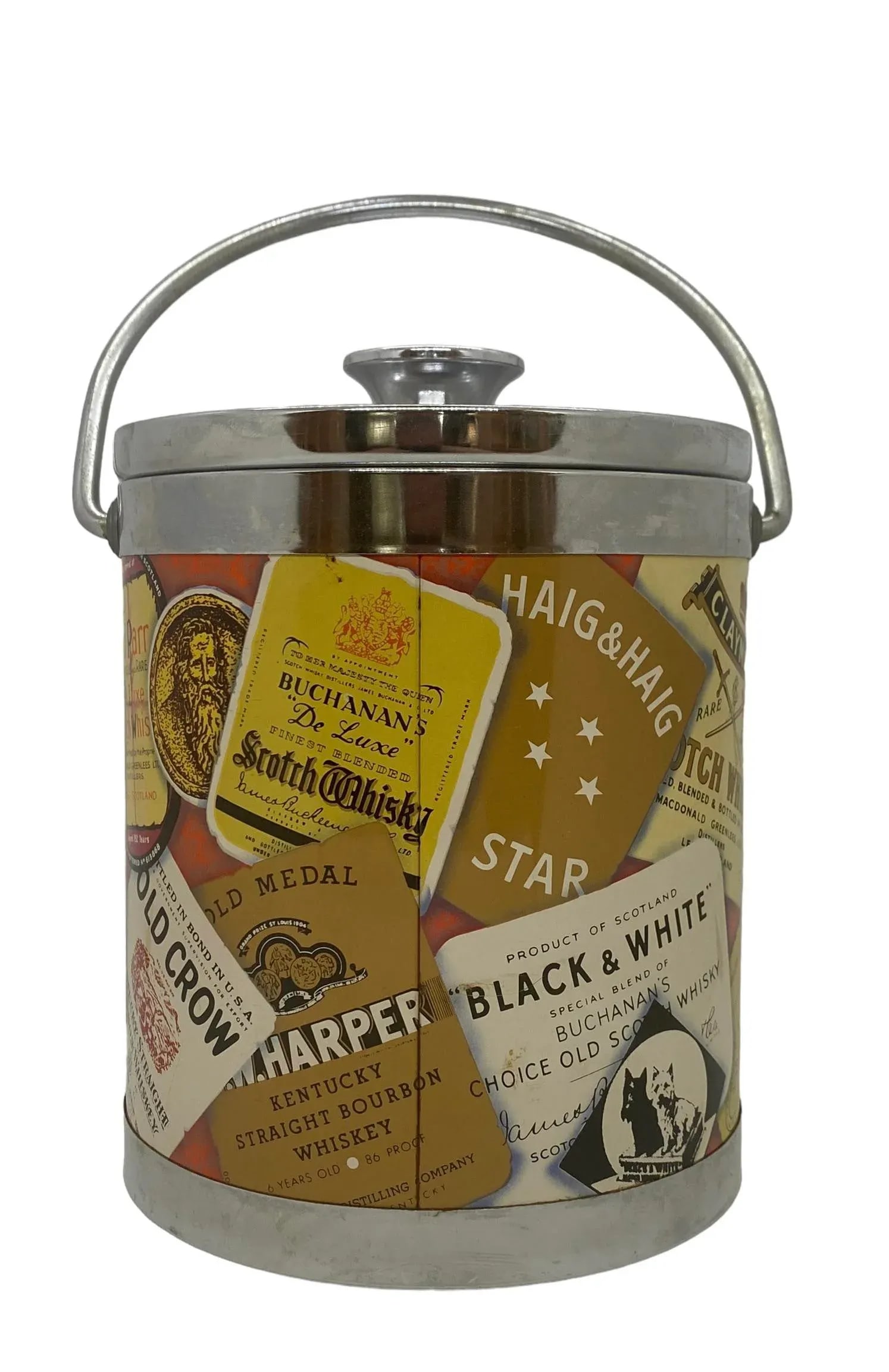 Mid 20th Century Small Polychrome Plastic and Chrome Italian Ice Bucket With Liquor Labels Design - 3