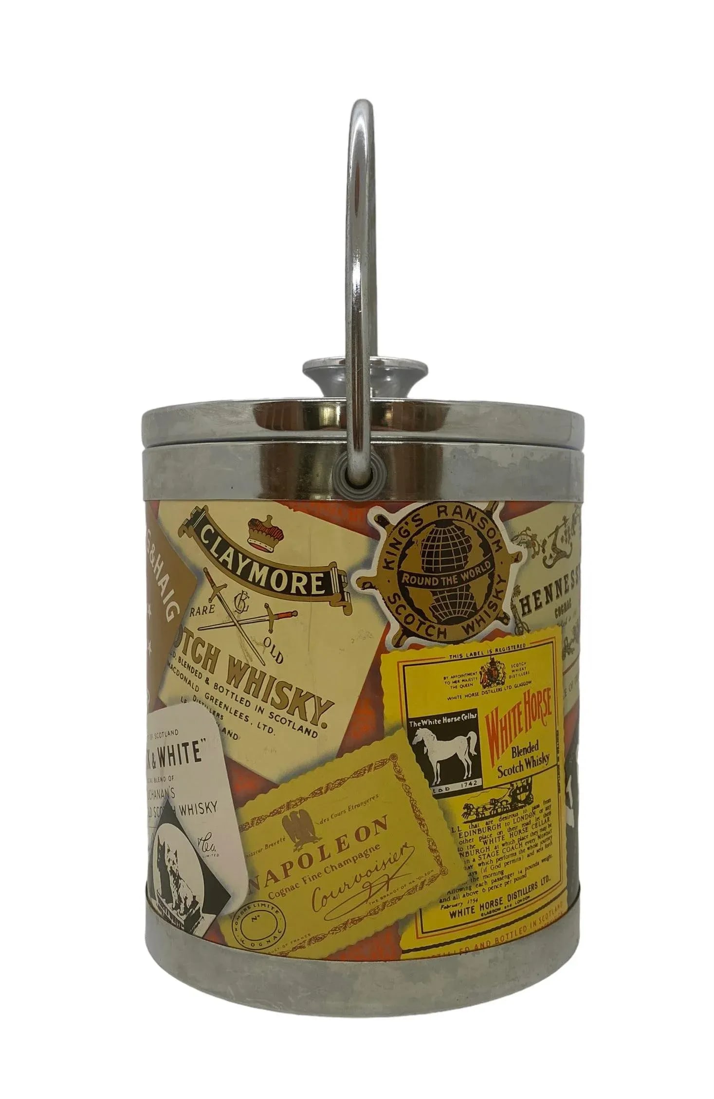 Mid 20th Century Small Polychrome Plastic and Chrome Italian Ice Bucket With Liquor Labels Design - 4