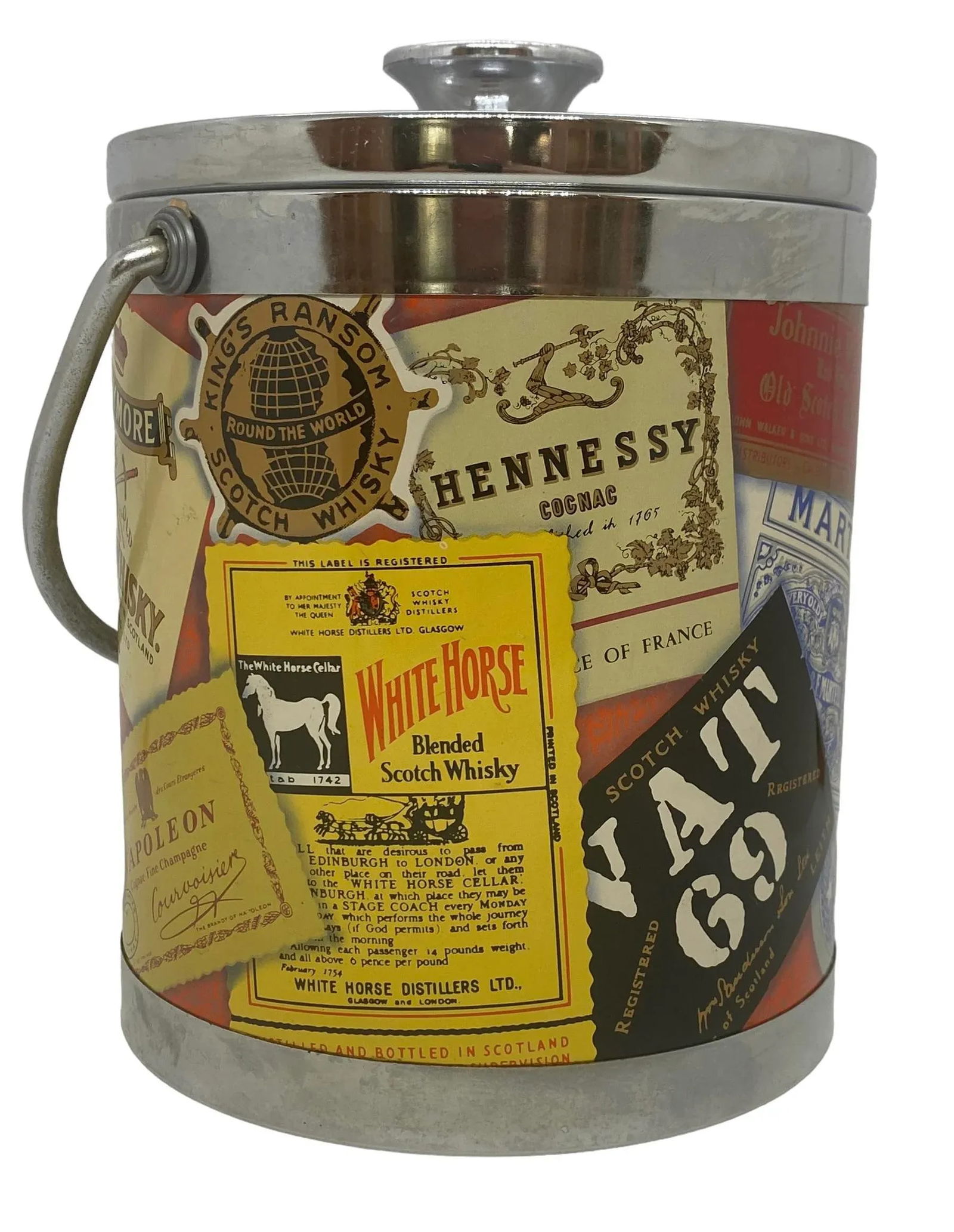 Mid 20th Century Small Polychrome Plastic and Chrome Italian Ice Bucket With Liquor Labels Design - 5