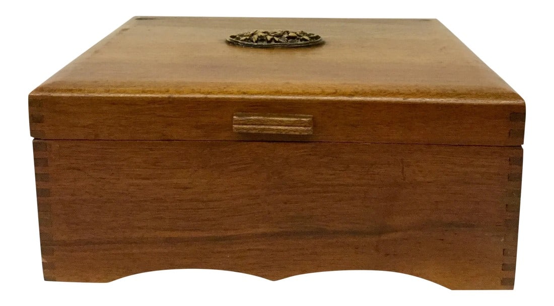 Antique Wooden Treasure Chest: Nice hand made wooden box with tongue and groove details and hand carved top detail. Hinged and removable dividers inside. Not sure of the wood type but definitely an exotic species. In wonderful cond