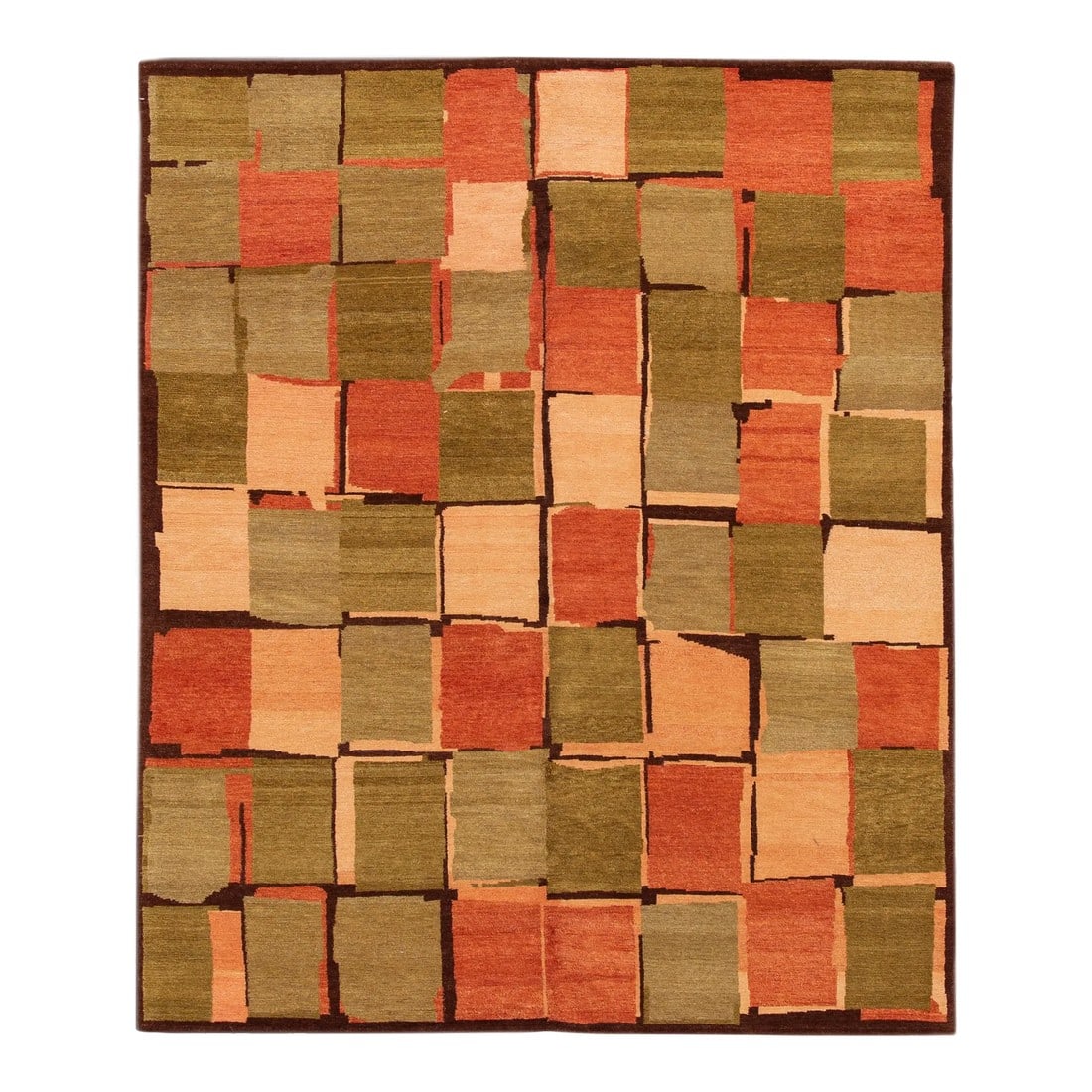 2010s Modern Wool & Silk Tibetan Rug With Geometric Design in Green & Orange: This contemporary Tibetan rug is expertly crafted by hand using wool and silk and boasts a striking green and orange color field. Adding to its charm is an all-over abstract geometric pattern in tan.