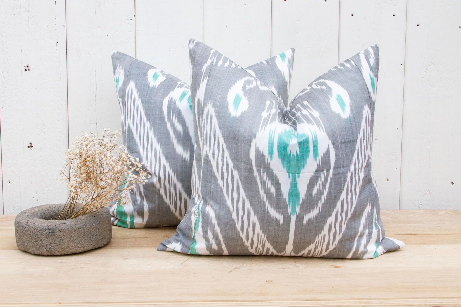 Pair of Gray Ikat Silk Pillows - 2