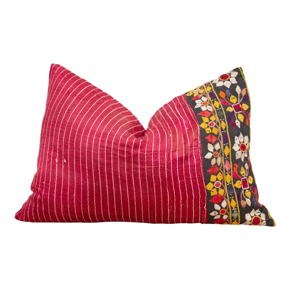 Hena Antique Mashru Tribal Lumbr Pillow: A beautiful Mashru silk lumbar pillow with a lovely embroidered tribal border of geometric and floral motifs. Mashru is derived from the Sanskrit word for 'mixed' and the Mashur cloth is viewed as one