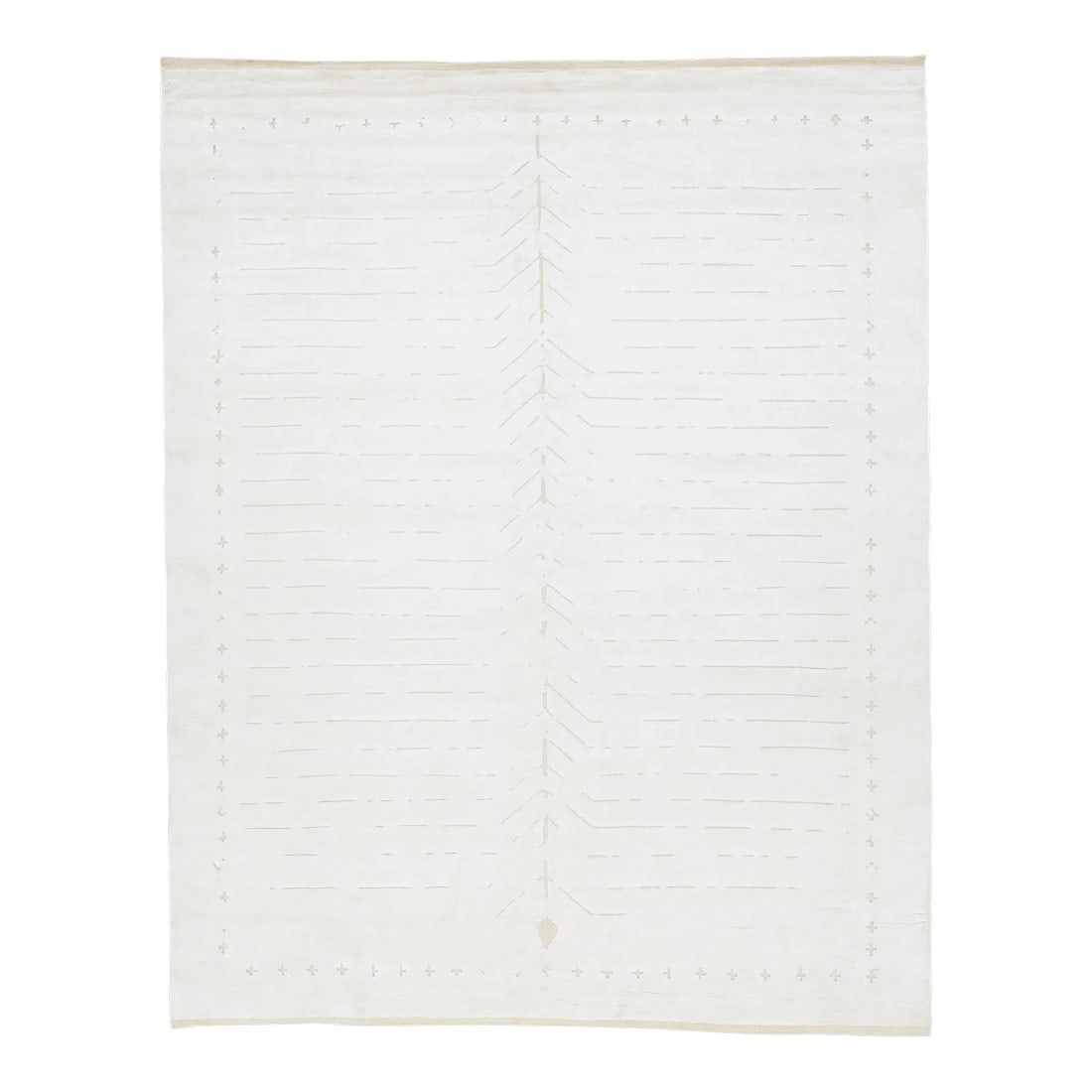 2020s Minimalist Modern Wool Rug Moroccan Style in Ivory: This wool rug, expertly hand-knotted, features a contemporary Moroccan design in subdued beige tones contrasted against a striking ivory backdrop, resulting in a strikingly minimalist presentation. 