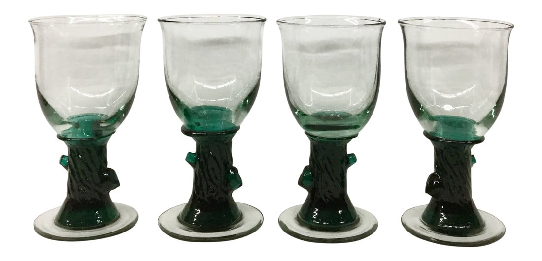 Heavy Tree Trunk Hand Blown Glass Goblets - Set of 4: Bonus 5th glass will be included in the set of 4. Just found it! Mint condition and very unique shape. These glasses are from France although not marked. Purchased by myself and have withstood the
