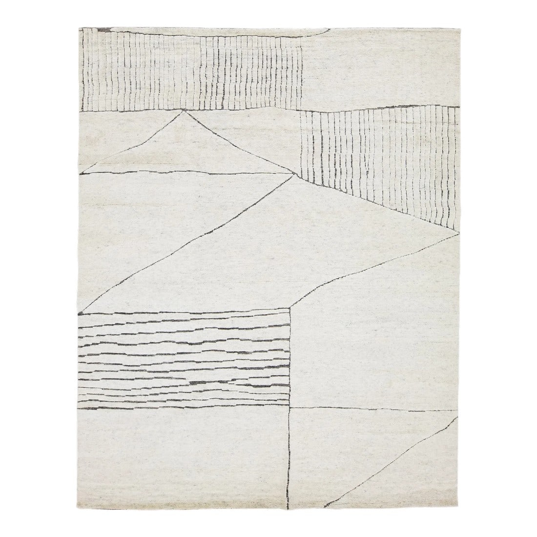 2020s Apadana's Modern Moroccan Style Ivory Wool Rug With Abstract Motif: This luxurious wool rug features a timeless Moroccan pattern in a contemporary abstract Minimalist style, utilizing beige tones to create a sleek and modern look. It is crafted using traditional