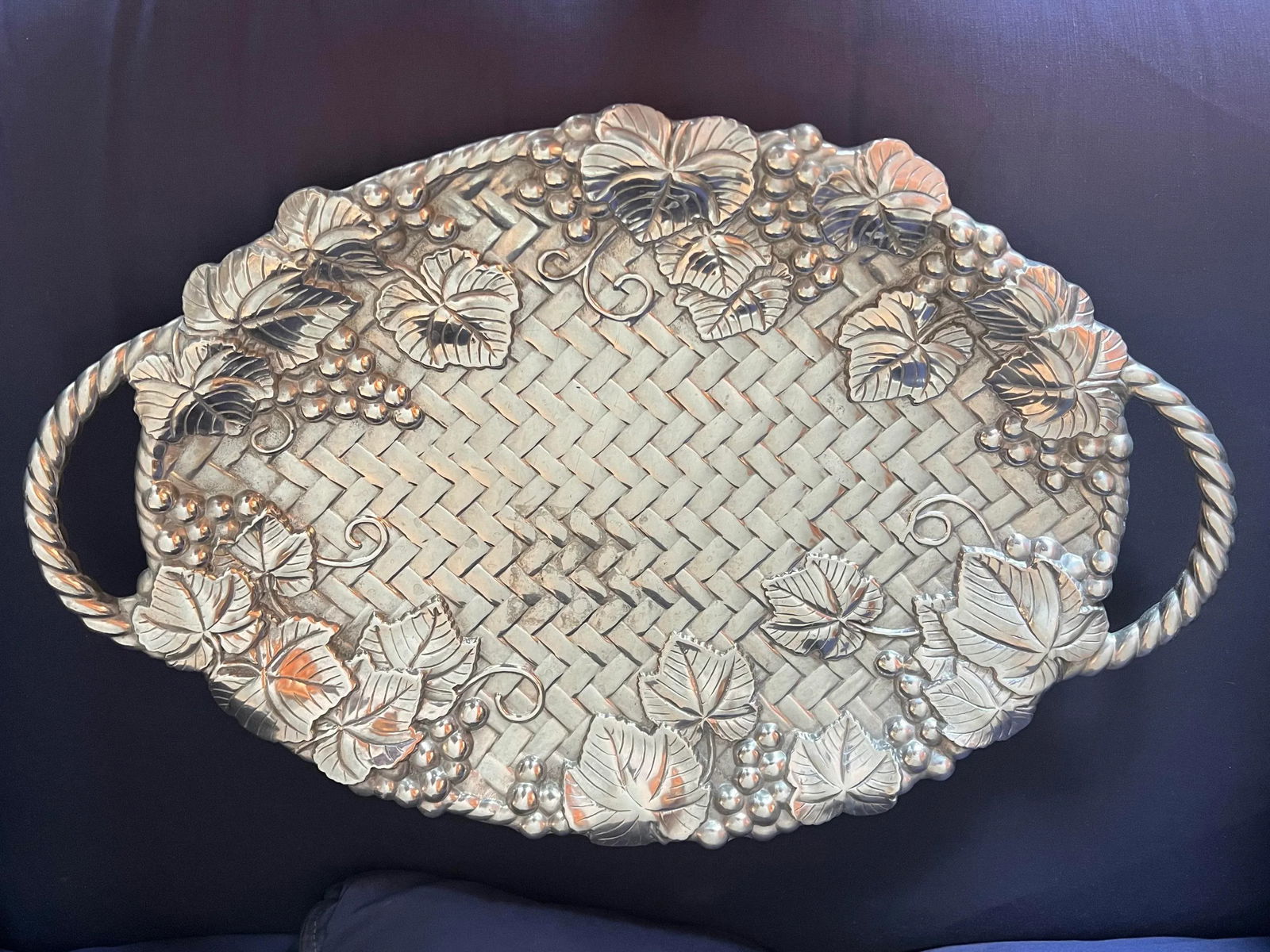 Vintage Lenox Silver Pewter Serving Tray Grape & Basket Design - 5