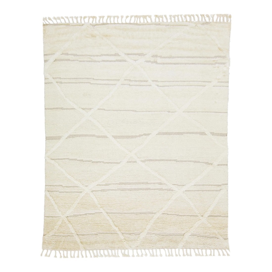 2020s Modern Moroccan Style Wool Rug With Ivory Tribal Pattern: This hand-knotted wool rug showcases a contemporary Moroccan design, skillfully combining serene and sophisticated lines against an enchanting Ivory/cream background. The integration of colors