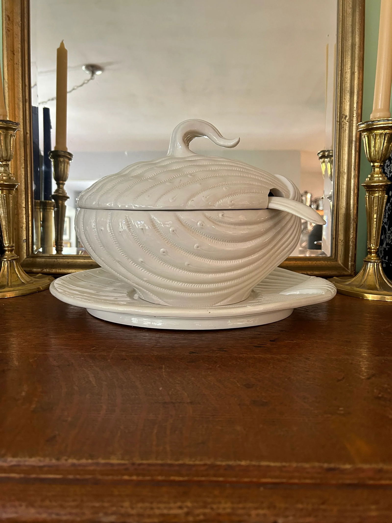 Late 20th Century Italian Ceramic Clam Shell Tureen With Ladle and Underplate - 2