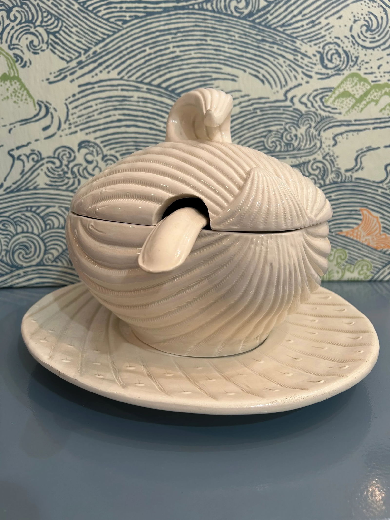 Late 20th Century Italian Ceramic Clam Shell Tureen With Ladle and Underplate - 3