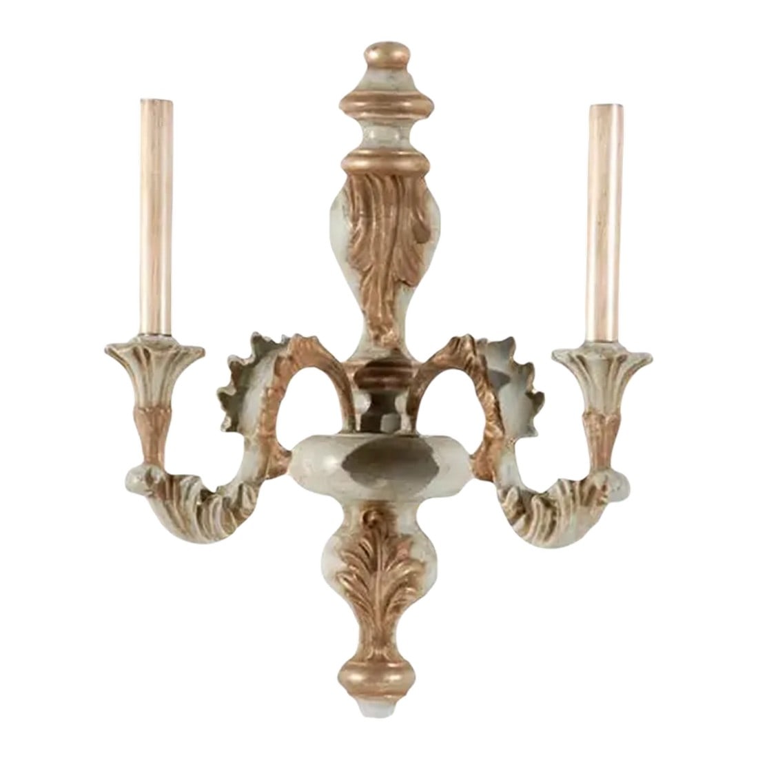 Vintage Italian Wood Carved Two Light Wall Sconce in Oxidized Silver and Light Blue Finish: Wood carved two light wall sconce in an oxidized silver and light blue finish. Italy. Condition: Alterations: Original Condition Unaltered Imperfections: Some Imperfections Condition Notes: