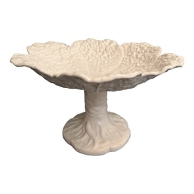 Vintage Olfaire Portugal White Cabbage Majolica Pedestal Bowl or Compote