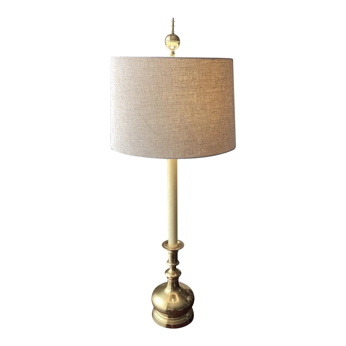 1960s Extra Tall Brass Stiffel Style Buffet Lamp With Linen Drum Shade: This lamp stands proudly at 39.5 inches. It's a vintage type lamp with an attractive linen, drum shade, and a cord switch. To View all of my listings at Bill Trimble Home, Click on Bill Trimble Home