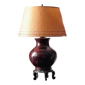 Vintage Chinoiserie Oxblood Ceramic Lamp With Distressed Parchment Shade