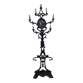 Early 20th Century Six Armed Iron Hall Tree With Small Center Mirror and Two Umbrella Racks and One