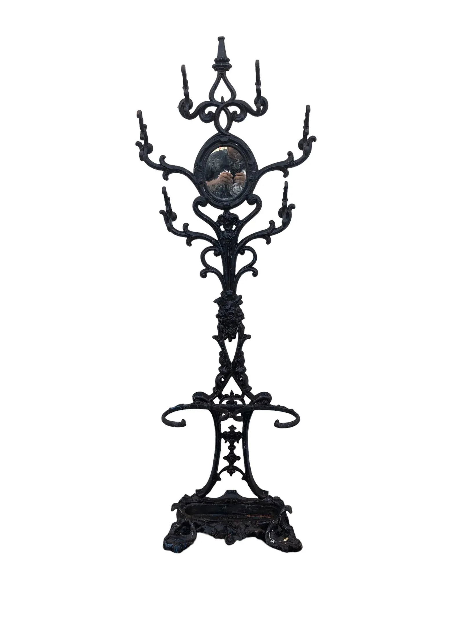 Early 20th Century Six Armed Iron Hall Tree With Small Center Mirror and Two Umbrella Racks and One - 2