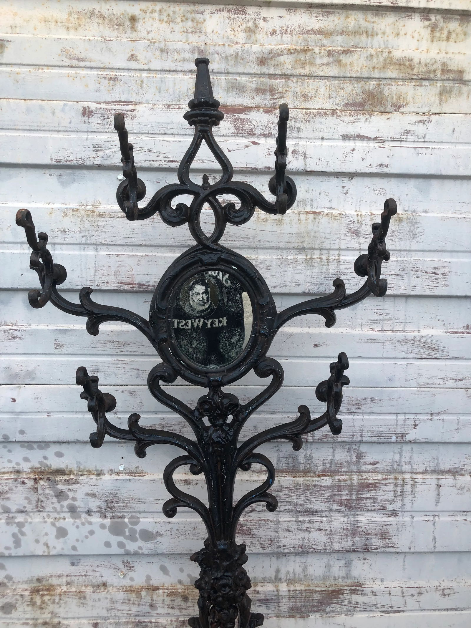 Early 20th Century Six Armed Iron Hall Tree With Small Center Mirror and Two Umbrella Racks and One - 6
