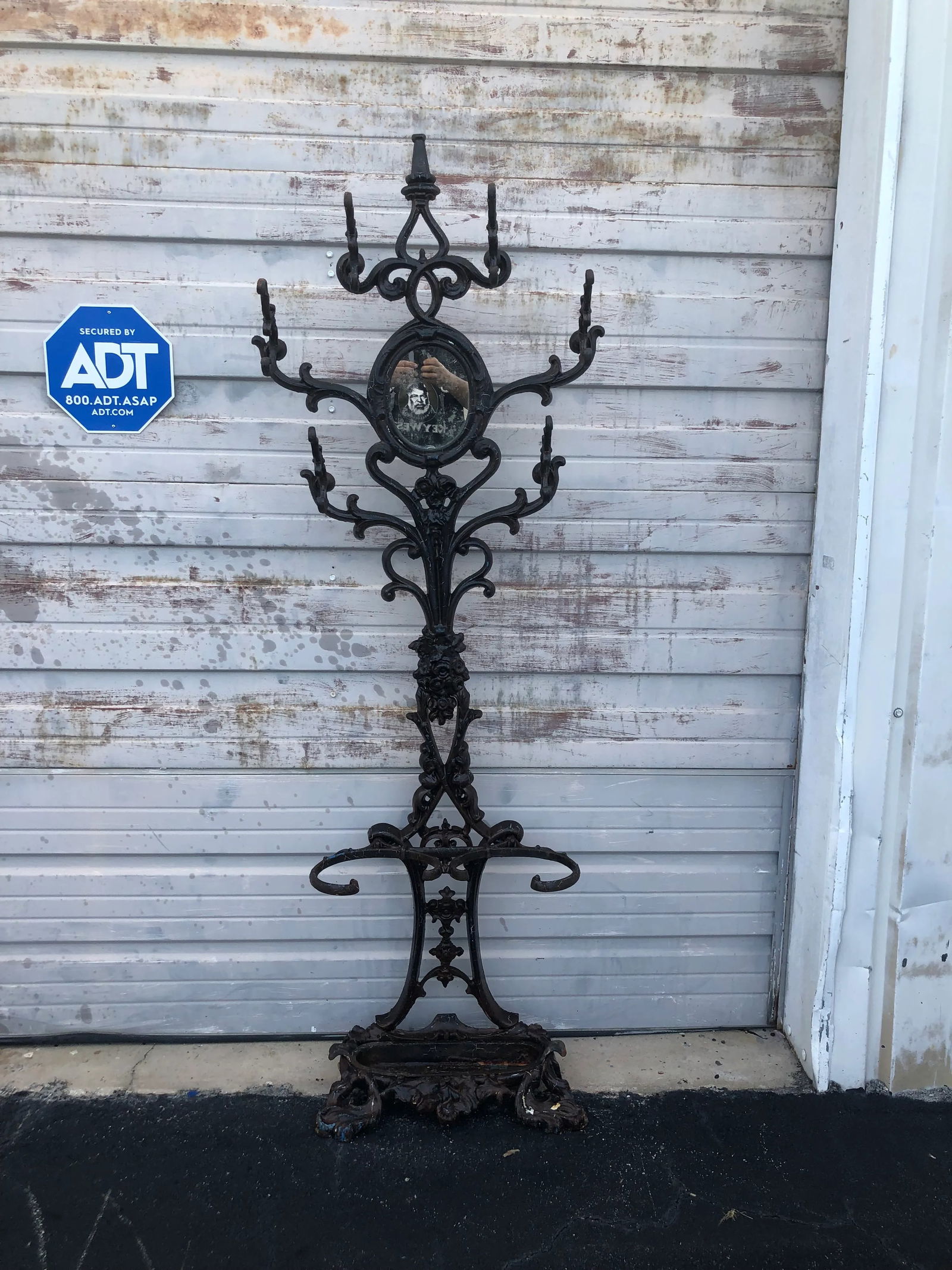 Early 20th Century Six Armed Iron Hall Tree With Small Center Mirror and Two Umbrella Racks and One - 9