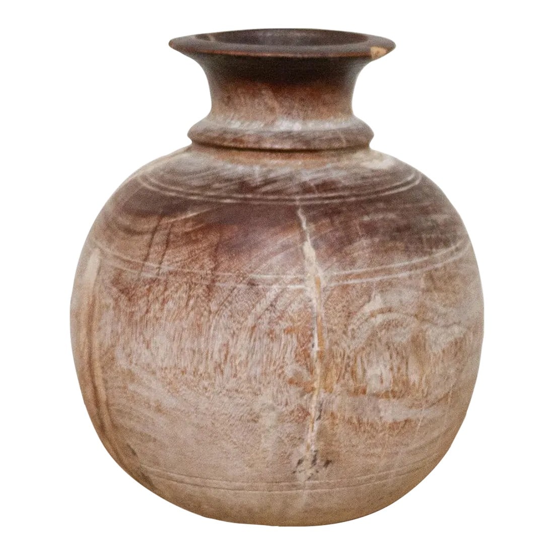 Antique Himachal Water Pot: This charming antique carved wood pot was crafted from teak and originally used in Village kitchens in North India to serve and store milk and ghee. This old farmhouse pot has a rustic yet organic