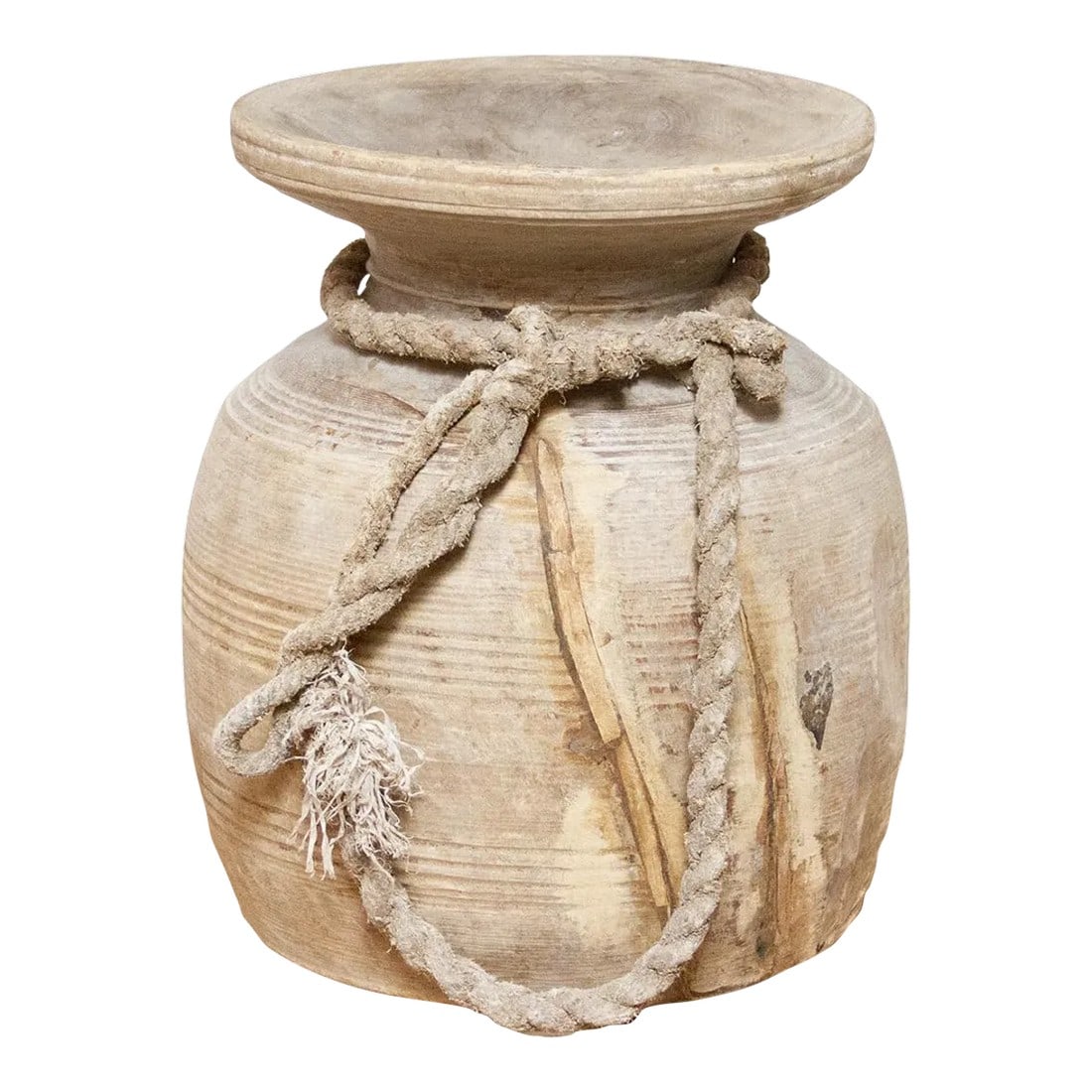 Wooden Rustic Vase-Devi: This charming antique carved wood pot was crafted from teak and originally used in Village kitchens in North India to serve and store milk and ghee. This old farmhouse pot has a rustic yet organic