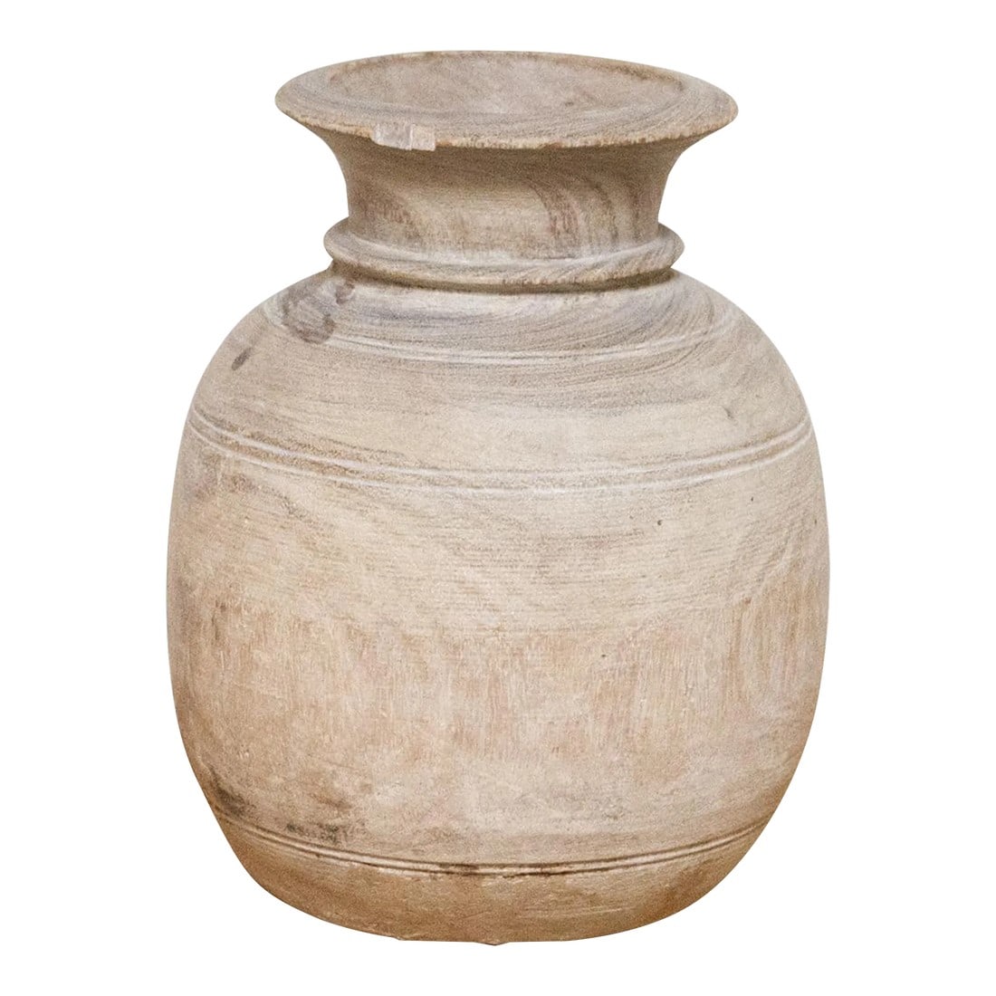 Primitive Bleached Water Pot-Kaman: This charming antique carved wood pot was crafted from teak and originally used in Village kitchens in North India to serve and store milk and ghee. This old farmhouse pot has a rustic yet organic