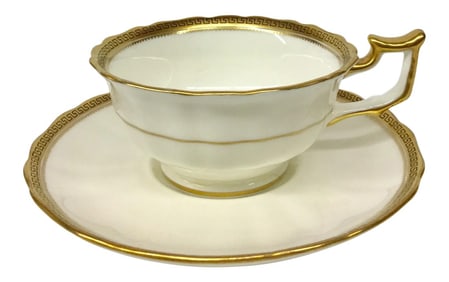 1980s Art Nouveau Cauldon England Gold Leaf on Porcelain Tea Cup and Saucer