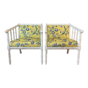 1971 White Chinoiserie Faux Bamboo Club Chairs by Ayers Furniture With Mad Cap Cottage Fabric