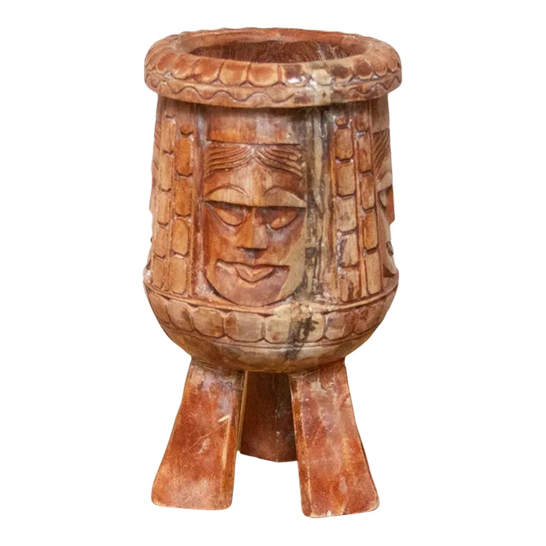 Tribal Naga Measuring Bowl: This primitive vintage hand-carved pot is a remarkable artifact from the tribes of Nagaland. This unique vessel carved from a single log of wood showcases intricate geometric tribal designs, and on