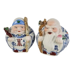Pair of Mid-Century Chinese Longevity Deities – Hand-Painted Porcelain Figures, 6.5"³