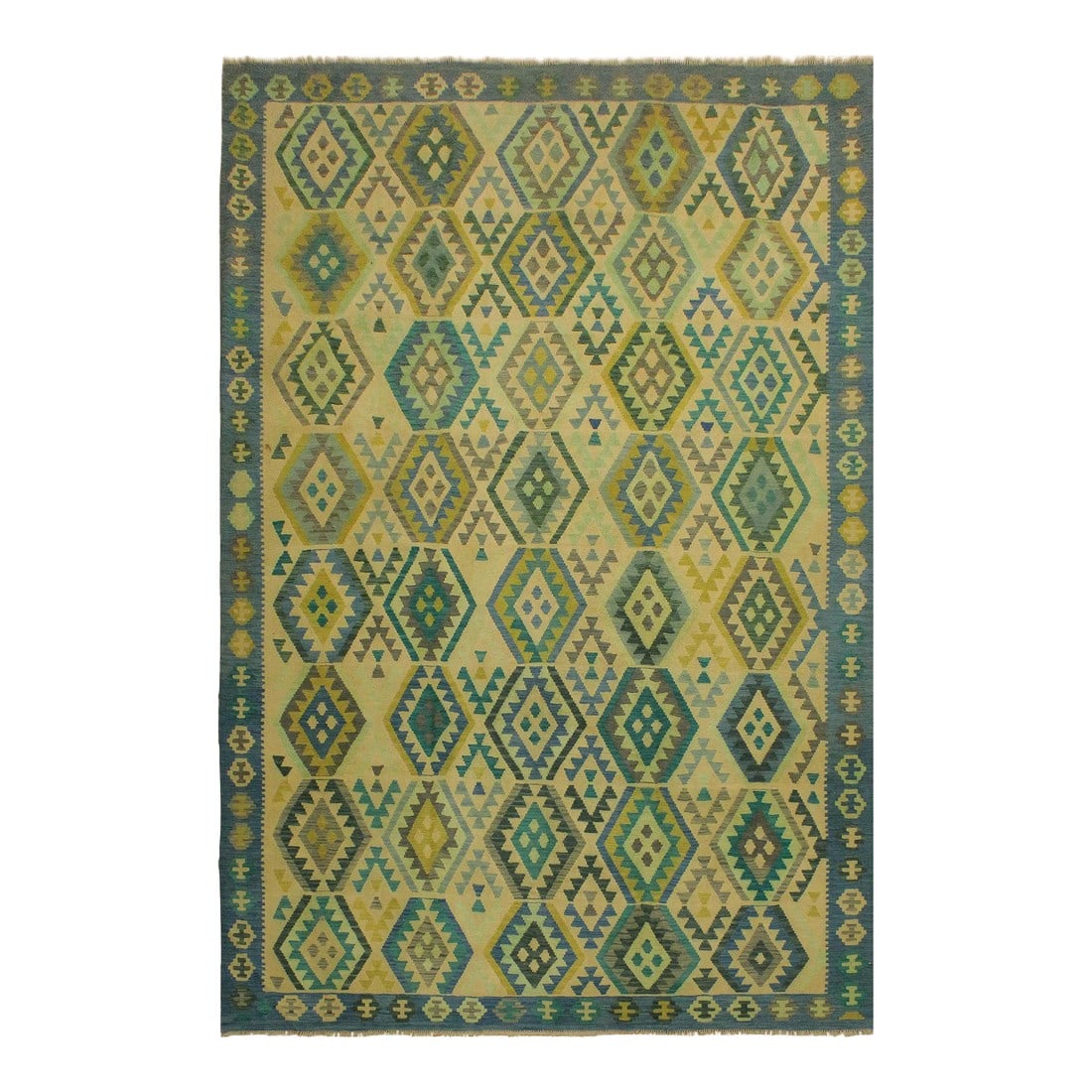Tribal Kilim Blue Tan Wool Rug - 8'5" X 11'6": Add a touch of elegance to your home with this casual chic hand woven Tribal Kilim wool rug. Constructed on a loom by Nomad Turkman people with hand-spun wool and 100% Natural Vegetable dyes these