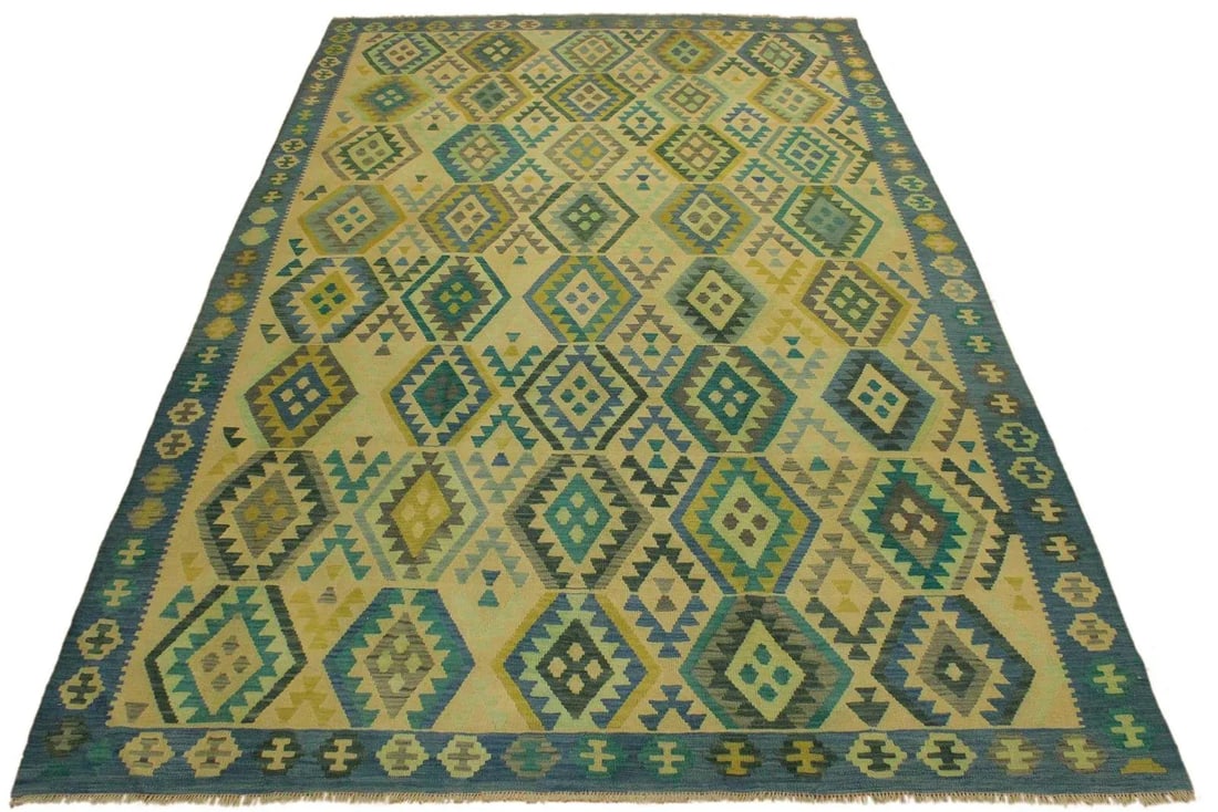 Tribal Kilim Blue Tan Wool Rug - 8'5" X 11'6" - 2