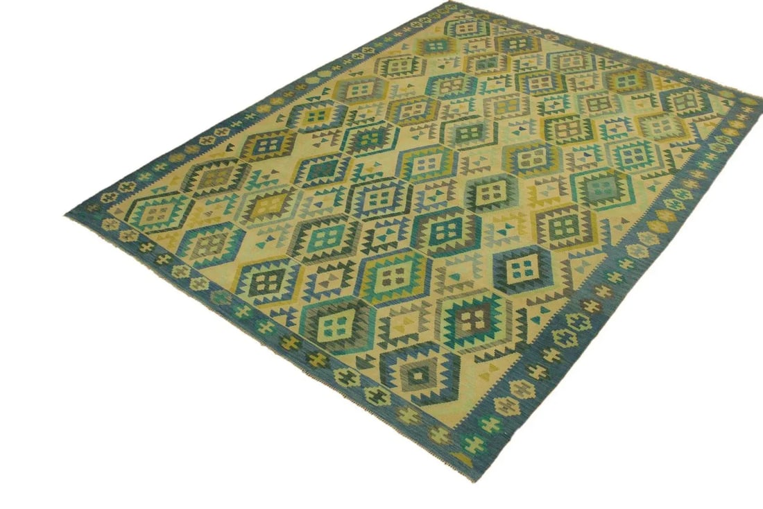 Tribal Kilim Blue Tan Wool Rug - 8'5" X 11'6" - 3