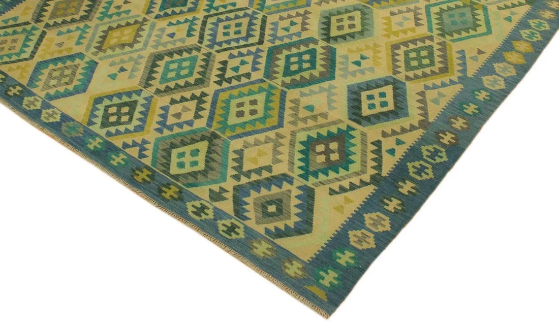 Tribal Kilim Blue Tan Wool Rug - 8'5" X 11'6" - 4