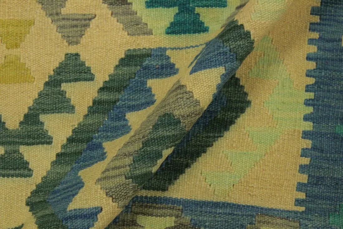 Tribal Kilim Blue Tan Wool Rug - 8'5" X 11'6" - 5