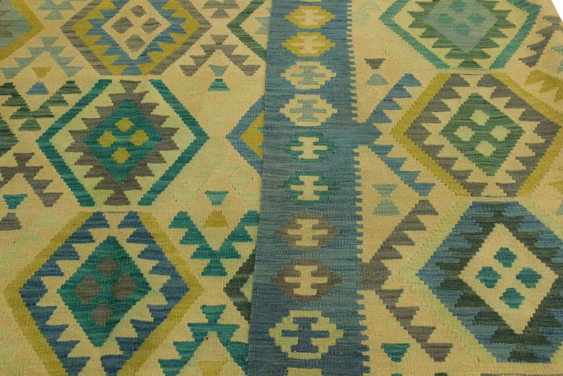 Tribal Kilim Blue Tan Wool Rug - 8'5" X 11'6" - 7