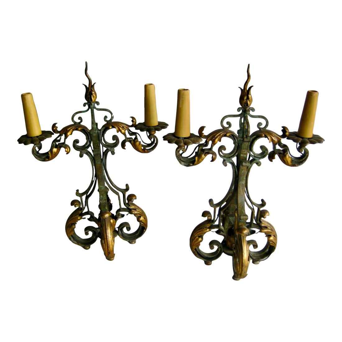 Pair of French 1920 Fer Forge Gilbert Poillerat Wrought Iron Candelabras Lamps: Stunning pair of lamps one of the best work we ever found from the iconic french designer Gilbert Poillerat , each lamps have 2 lights and present an absolutely beautiful iron work , this kind of