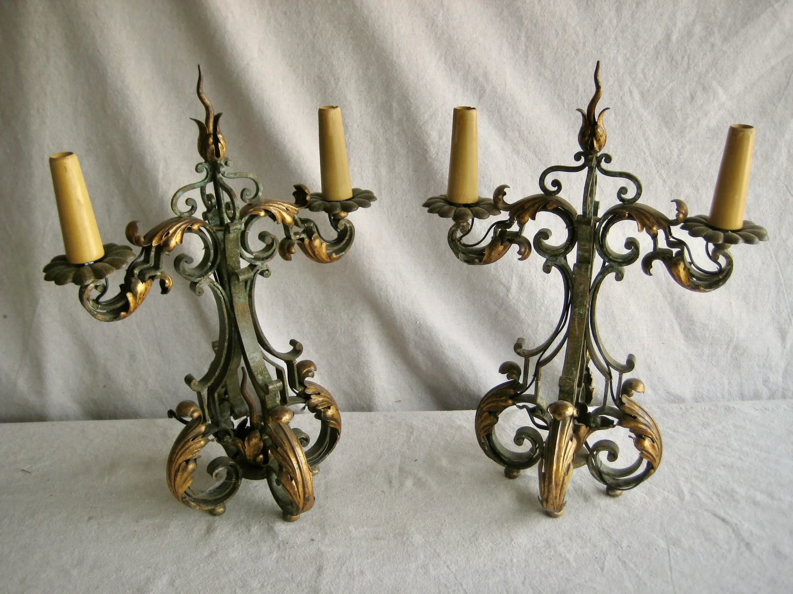 Pair of French 1920 Fer Forge Gilbert Poillerat Wrought Iron Candelabras Lamps - 2