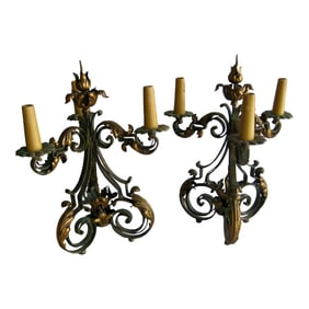 Pair of French Fer Forge Gilbert Poillerat Wrought Iron Three Lights Candelabras Lamps Circa 1920