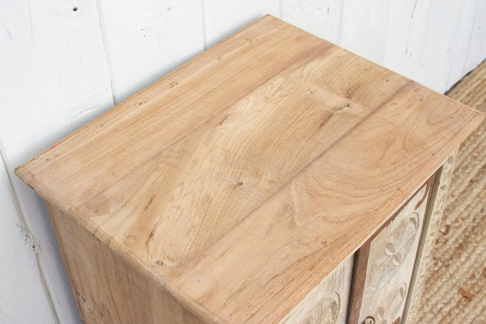 Small Bleached Wood Carved Nightstand - 5