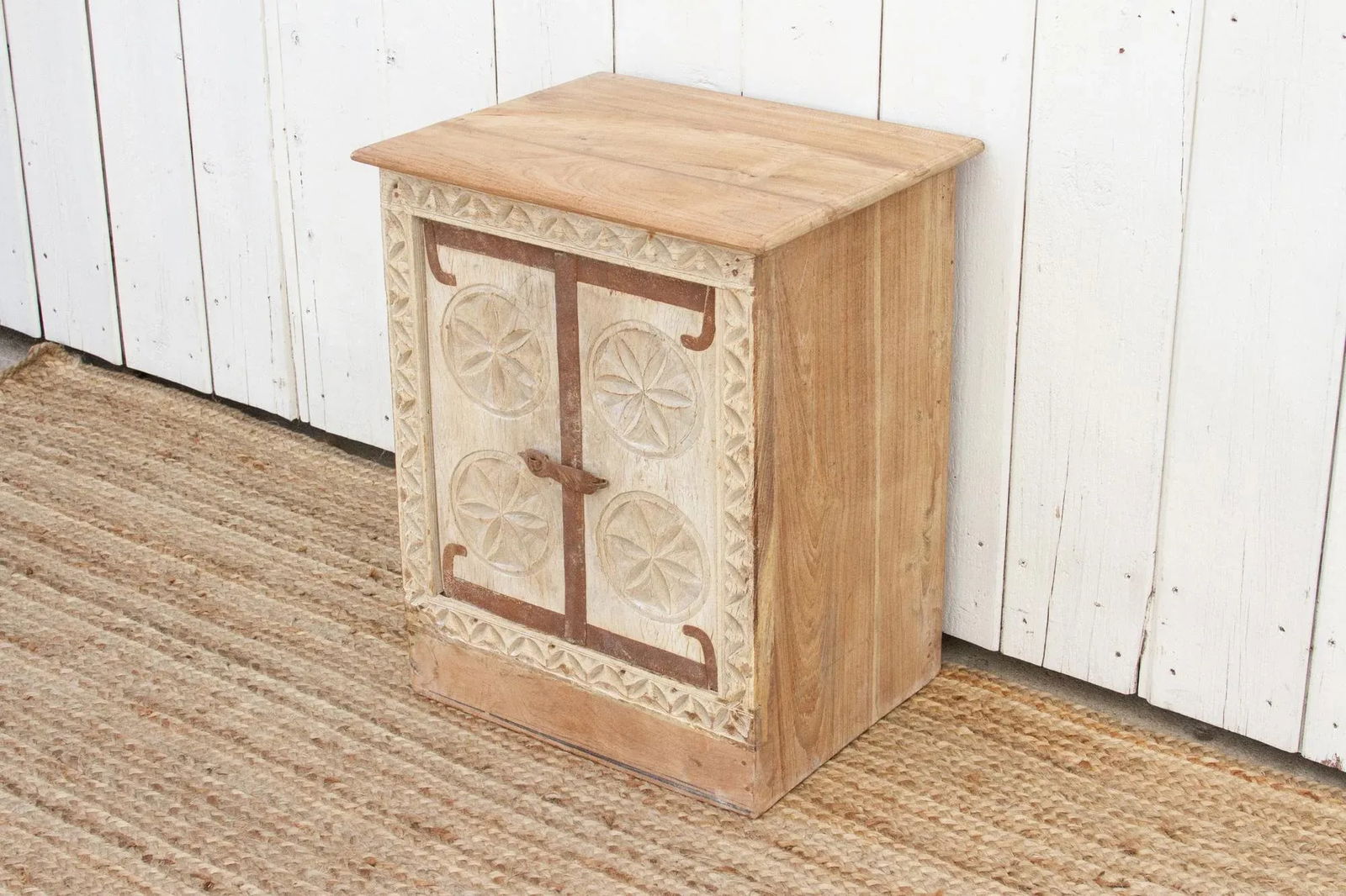 Small Bleached Wood Carved Nightstand - 6