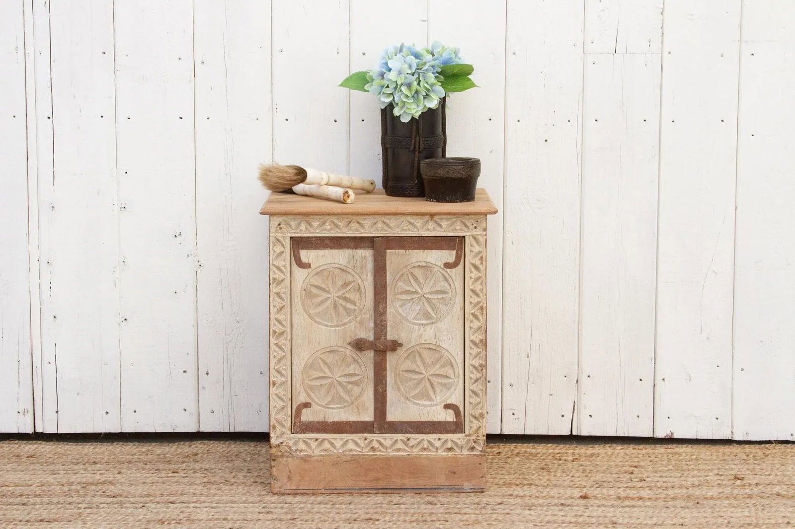 Small Bleached Wood Carved Nightstand - 9